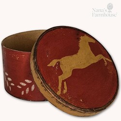 Round Box Red with Lid & Mustard Horse - 6.5" x 3.75"