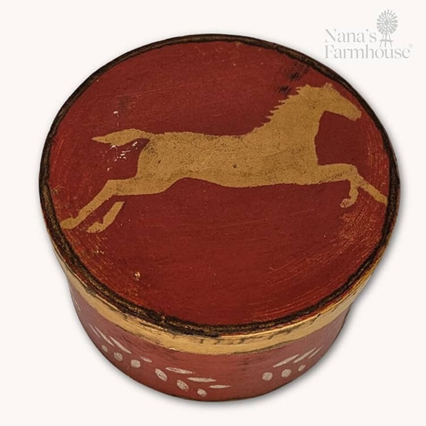 Round Box Red with Lid & Mustard Horse - 6.5" x 3.75"