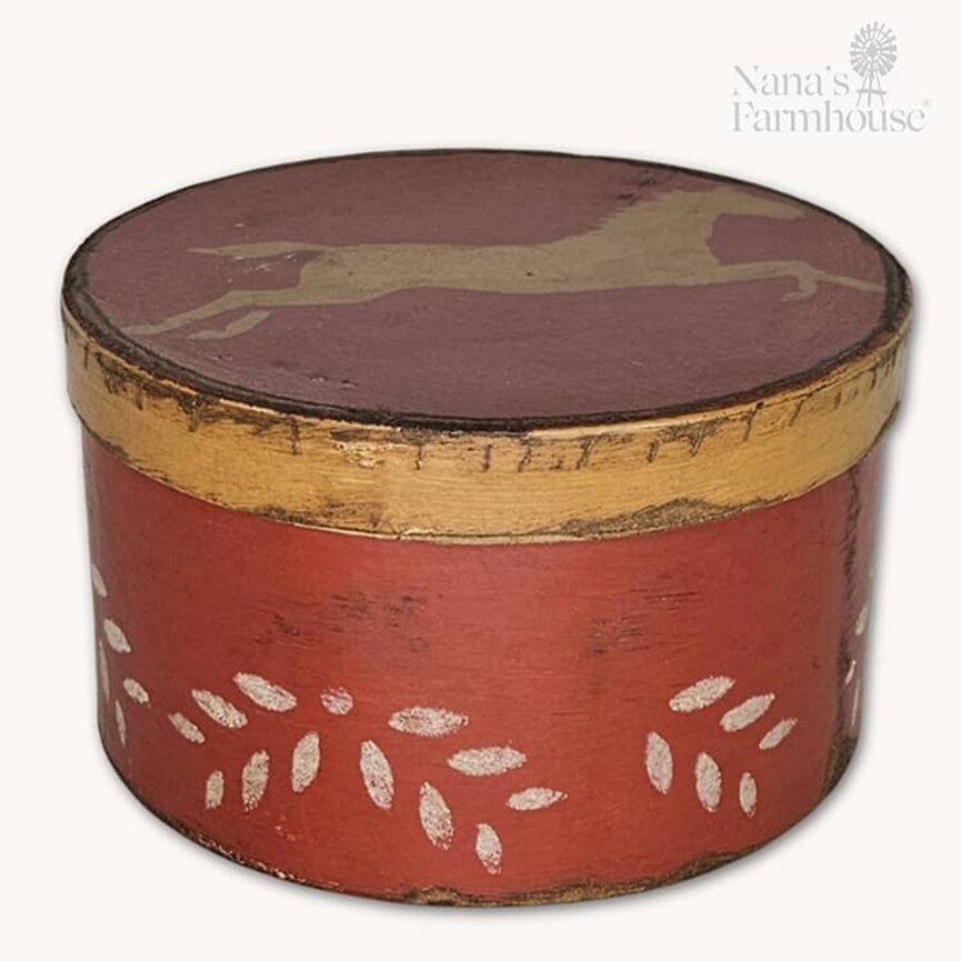 Round Box Red with Lid & Mustard Horse - 6.5" x 3.75"