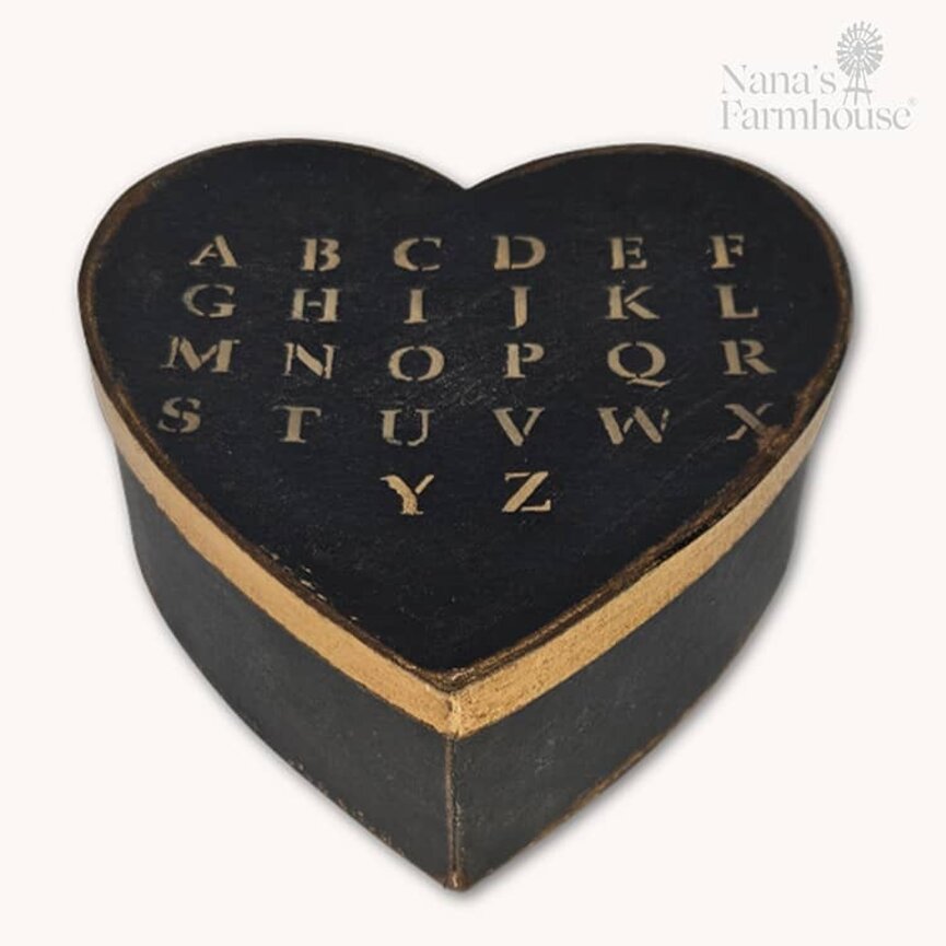 Heart Box with Lid Black Mustard Alphabet - 7.5" x 3"