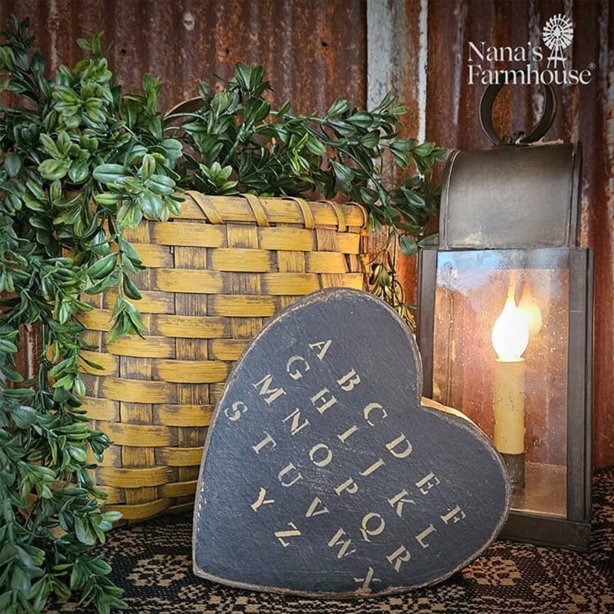 Heart Box with Lid Black Mustard Alphabet - 7.5" x 3"