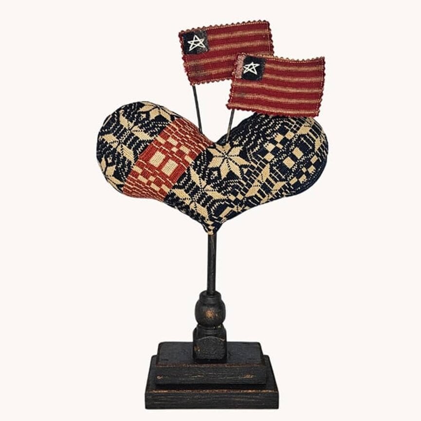 Quilted Heart Spindle Navy Tan Red Stripe & Flags 9" x 3.5" x 14"