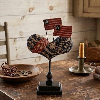 Quilted Heart Spindle with Red Stripe & Flags -14"