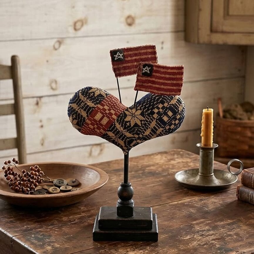 Quilted Heart Spindle Navy Tan Red Stripe & Flags 9" x 3.5" x 14"