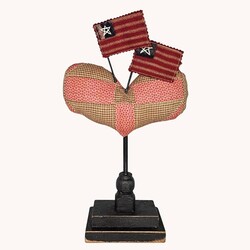 Quilted Heart Spindle with Flags Tan, White, Red  - 7.5" x 3.5" x 13.5"