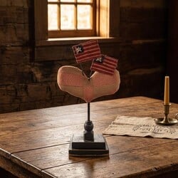 Quilted Heart Spindle with Flags Tan, White, Red  - 7.5" x 3.5" x 13.5"