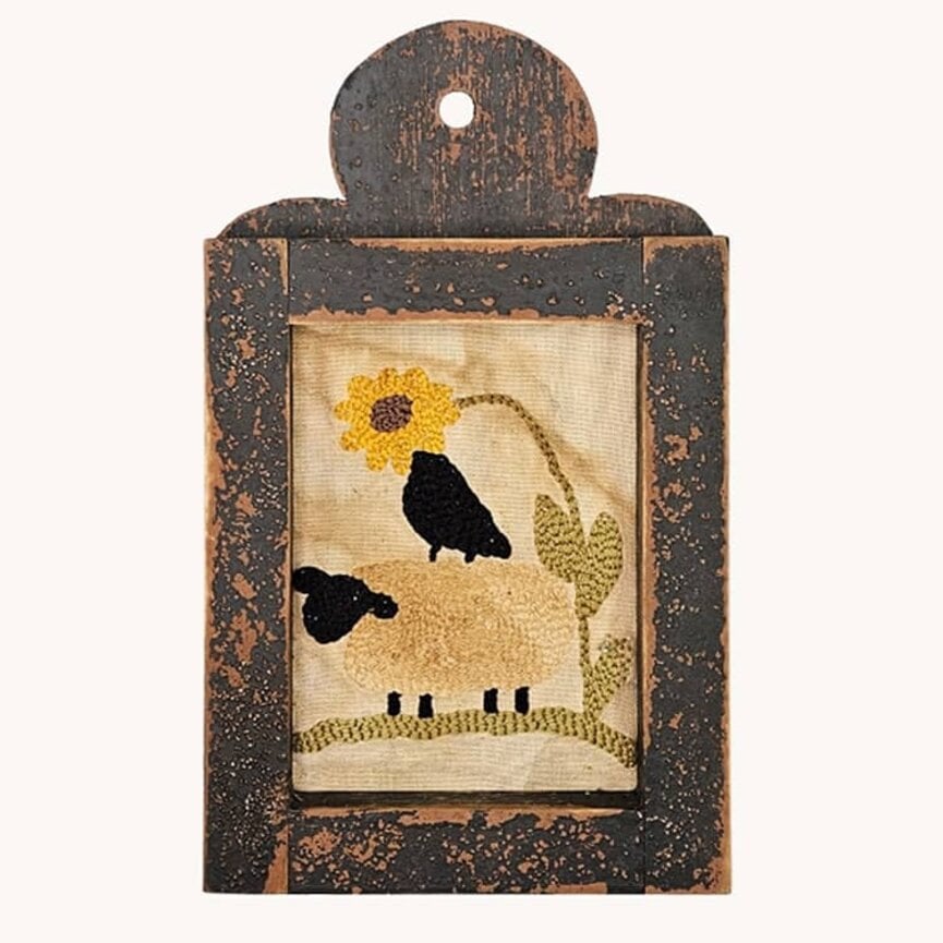 Distressed Black Framed Needle Punched Sheep, Crow & Sunflower - 12" x 7"