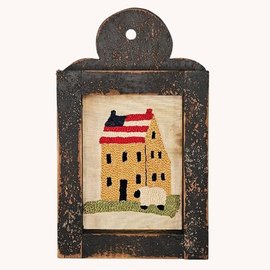 Distressed Black Framed Needle Punched Saltbox House with Flag Roof & Sheep - 12" x 7"