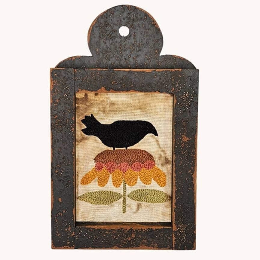 Distressed Black Framed Needle Punched Crow on Sunflower - 12" x 7"