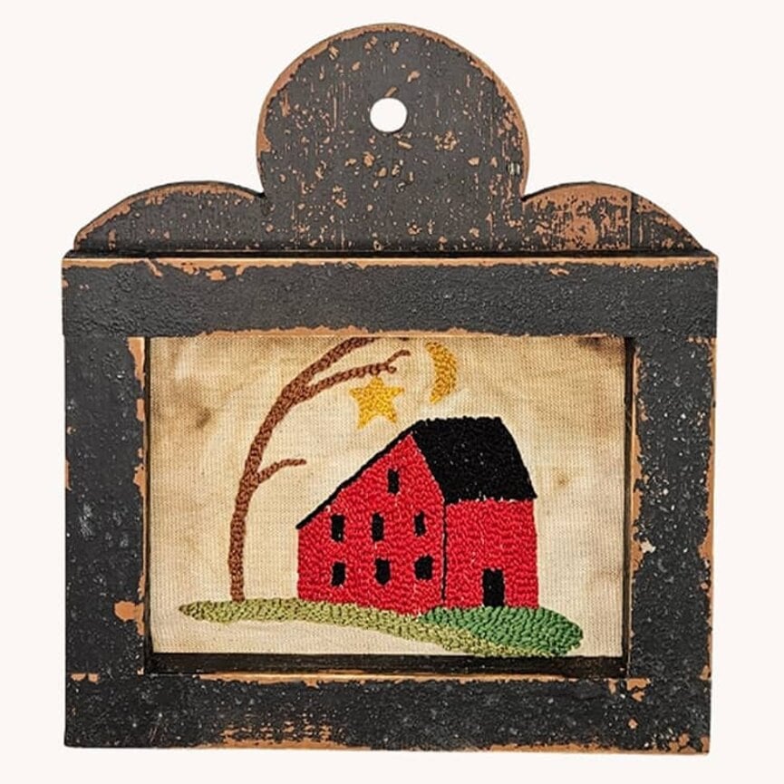 Distressed Needle Punched Red Saltbox House with Tree Sun & Moon - 10" x 9"