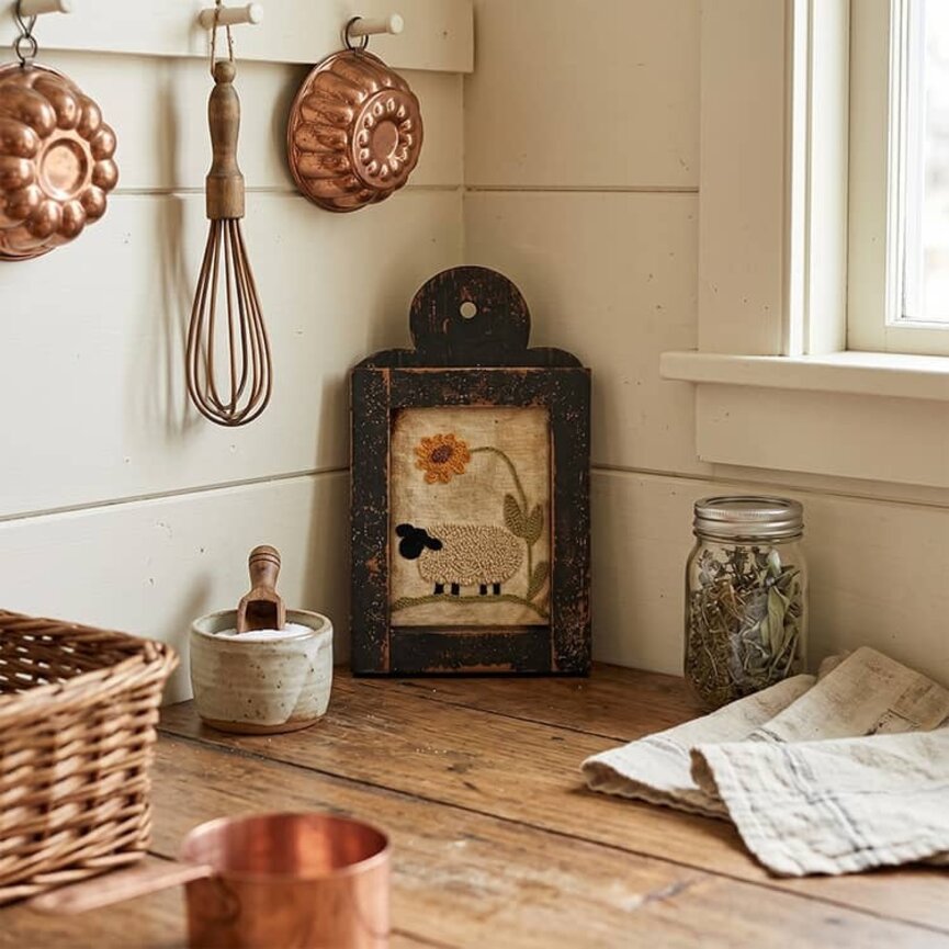 Distressed Black Framed Needle Punched Sheep W/Sunflower 12" T x 7" W