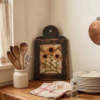 Tea Stained Sunflower Trio Distressed Black Framed Needle Punched - 12"