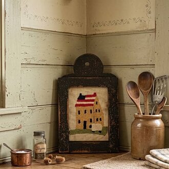 Saltbox House with Flag Roof & Sheep Distressed Black Framed Needle Punched - 12"