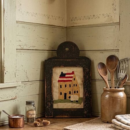 Saltbox House with Flag Roof & Sheep Distressed Black Framed Needle Punched - 12"