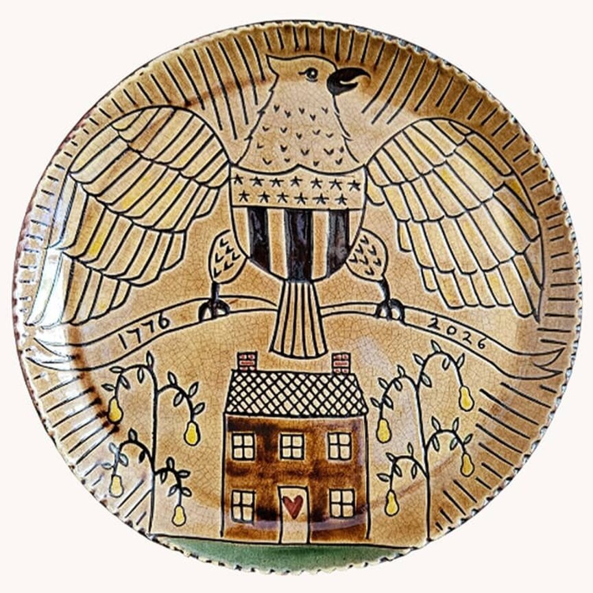 Smith Redware 1776 - 2026 Eagle with Salt Box House Round Plate - 10.5"