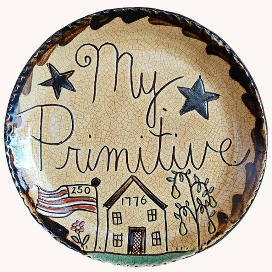 Smith Redware My Primitive 250th Flag with Saltbox House Round Plate - 7.5"