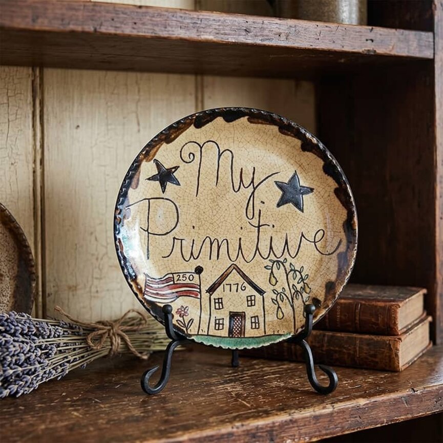 Smith Redware My Primitive 250th Flag with Saltbox House Round Plate - 7.5"