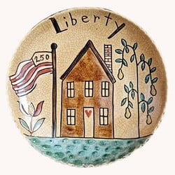 Smith Redware Liberty House with Flag Round Plate - 6.5"