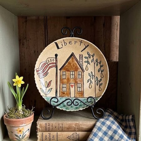 Liberty House with Flag Redware Round Plate - 6.5"