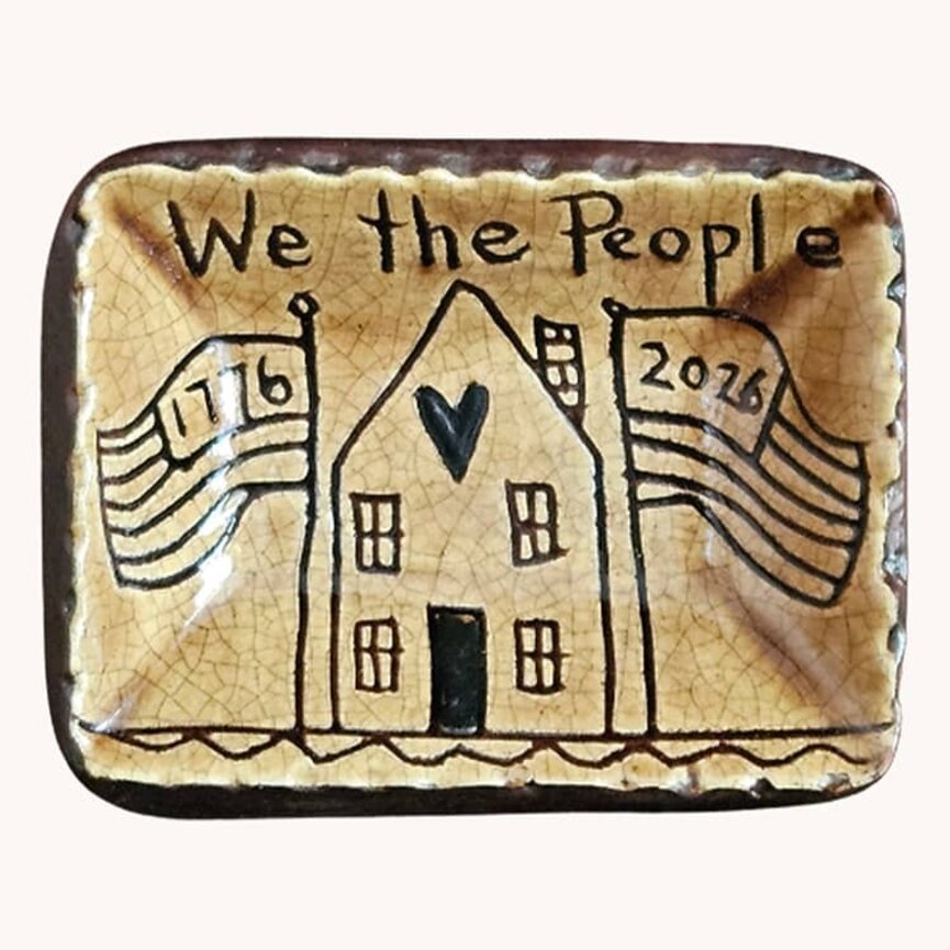 Smith Redware We The People with House & Flags Trinket Tray - 3"  x 3.5"