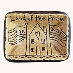 Smith Redware Land of The Free with House & Flags Trinket Tray - 3" x 3.5"