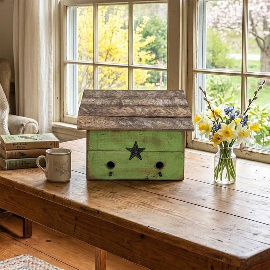 Bright Green Birdhouse Two Hole with Star- 14" x 7" x 10.5"