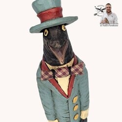 Hand Carved Crow with Blue Top Hat & Bowtie - 9" T