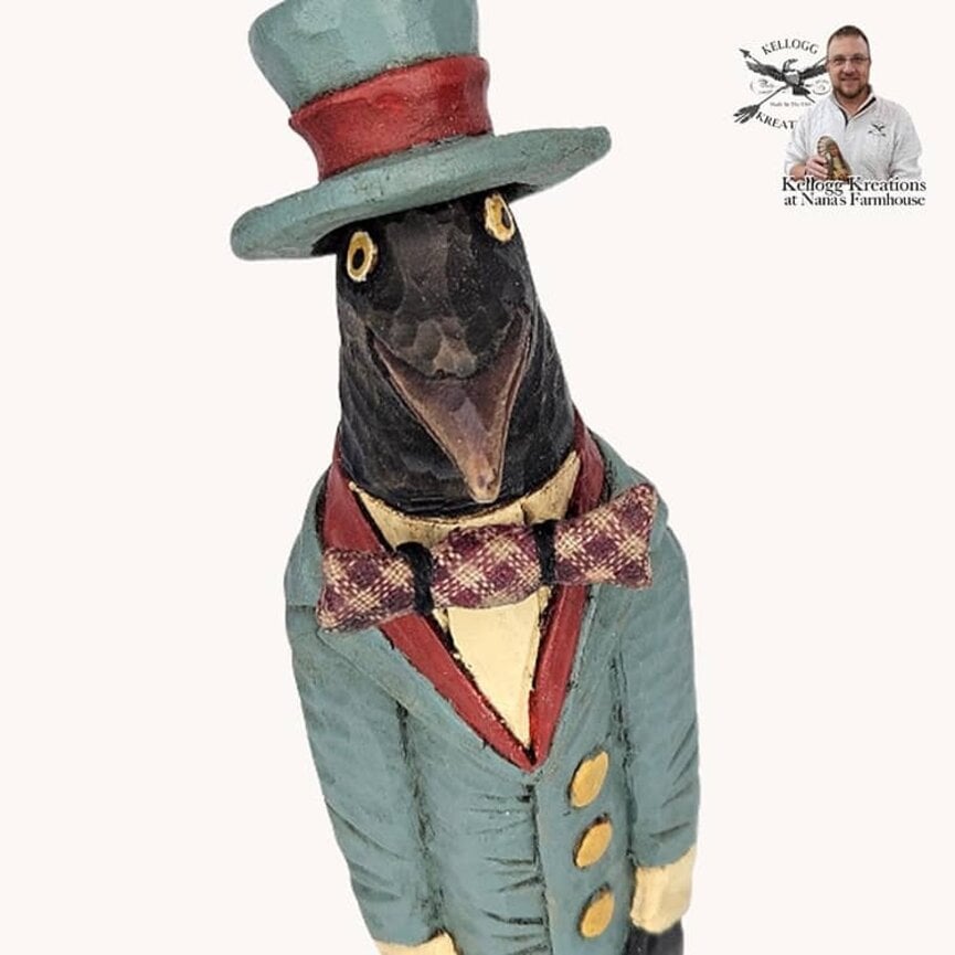 Hand Carved Crow with Blue Top Hat & Bowtie - 9" T