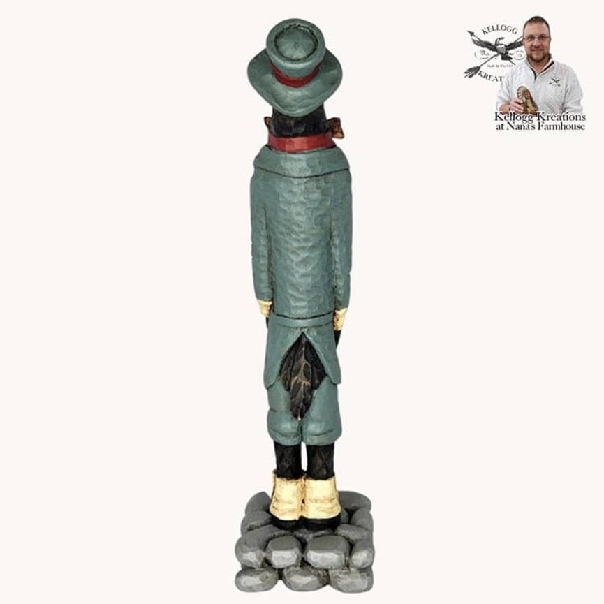 Hand Carved Crow with Blue Top Hat & Bowtie - 9" T