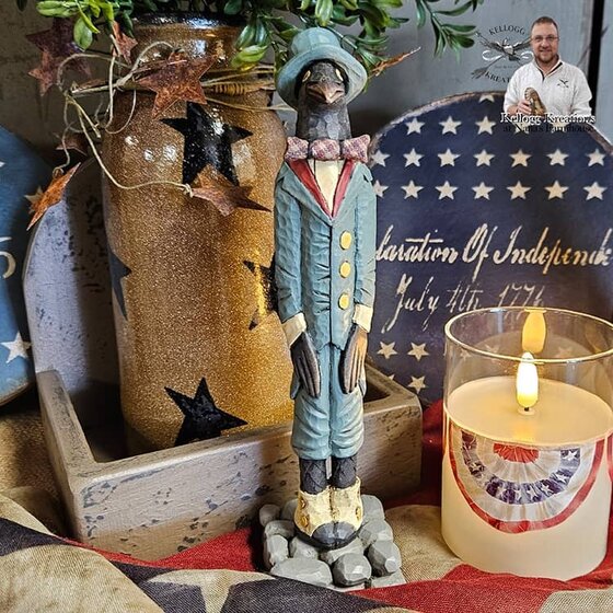 Crow with Blue Top Hat & Bowtie Hand Carved