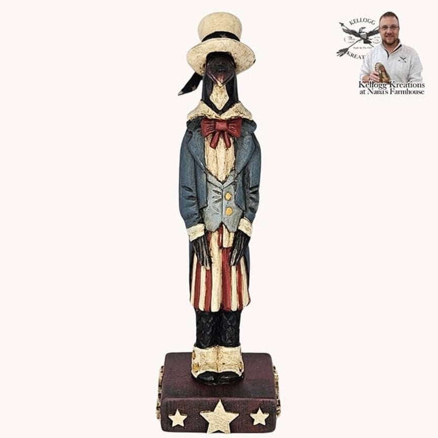 Hand Carved Patriotic Crow on Wooden Base - 8"