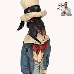 Hand Carved Patriotic Crow on Wooden Base - 8"