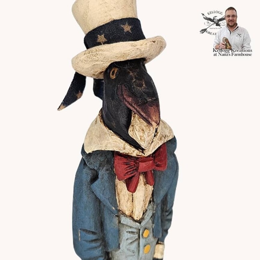 Hand Carved Patriotic Crow on Wooden Base - 8"