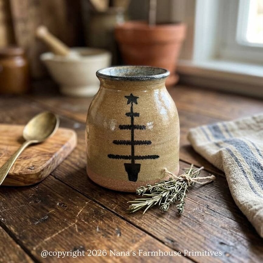 Brown Clay Pottery Small Canning Crock Feather Tree - 5"