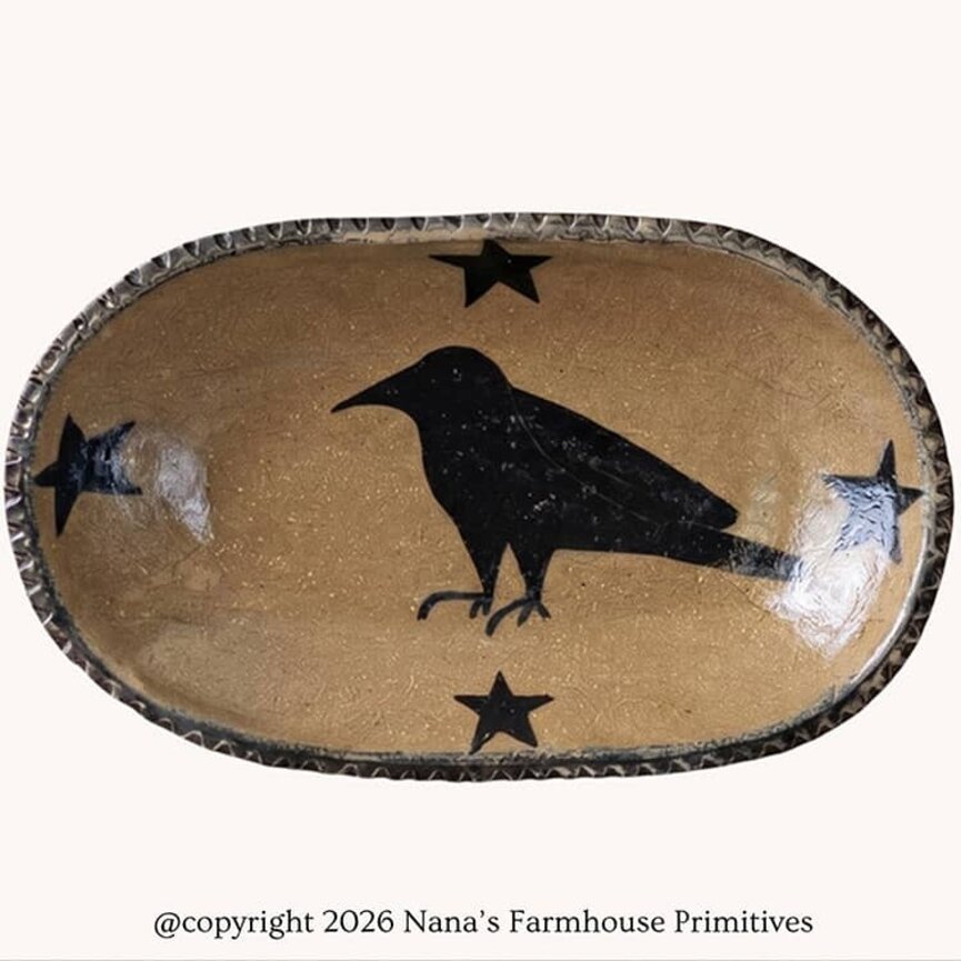 Clay Craftsman Brown Clay Pottery Oval Plate Crow Stars - 7 "