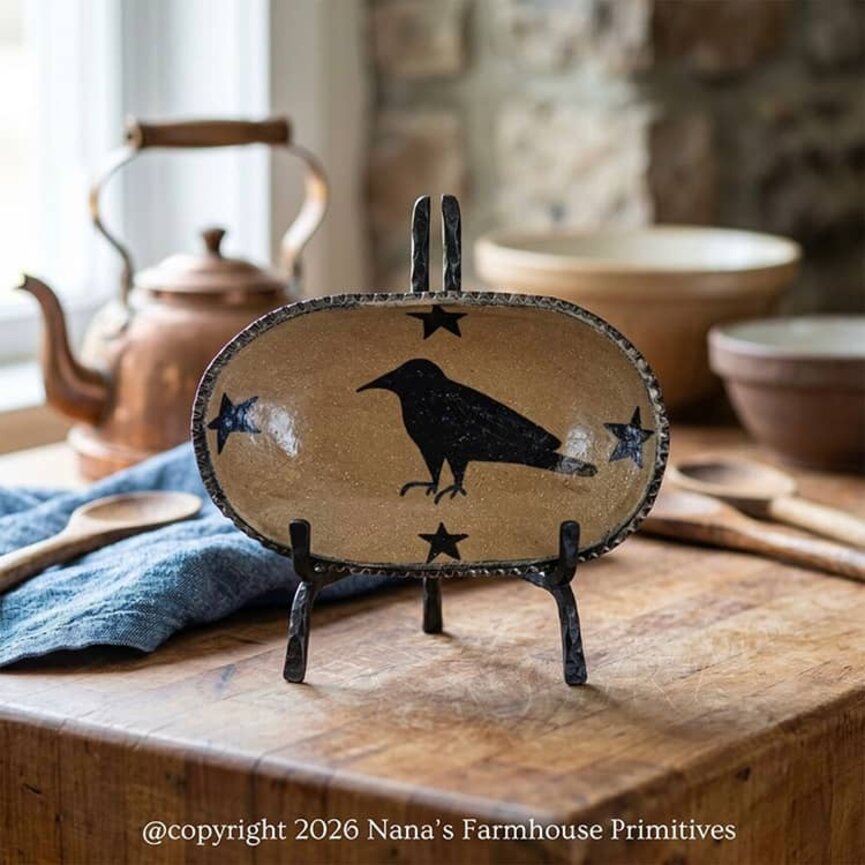 Clay Craftsman Brown Clay Pottery Oval Plate Crow Stars - 7 "