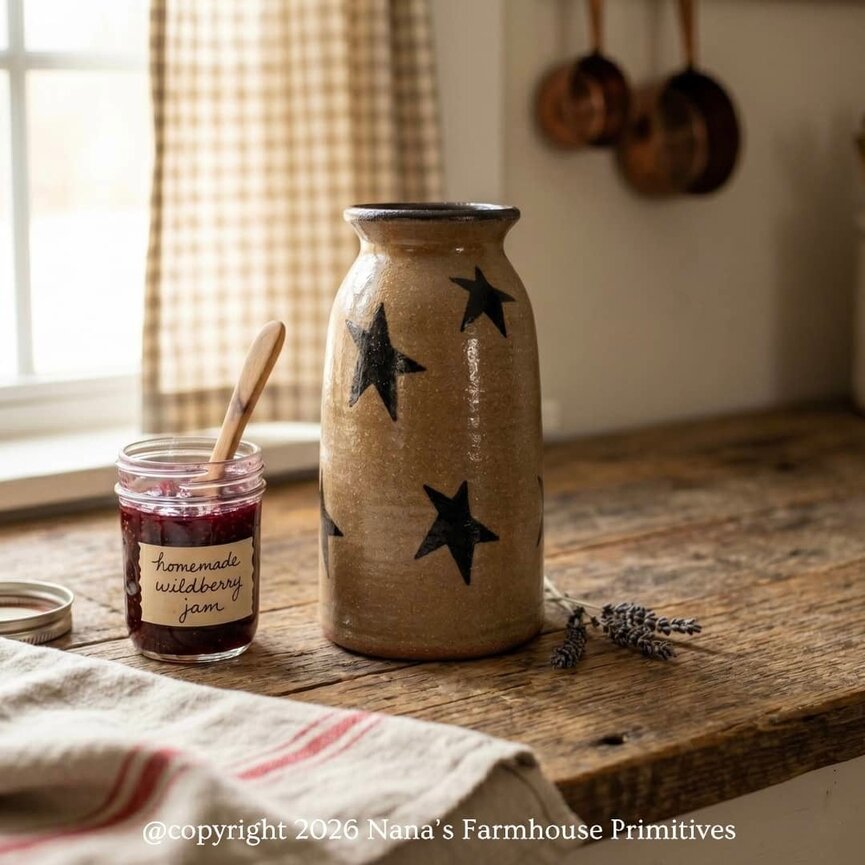 Clay Pottery Canning Crock Brown Stars - 8.5"