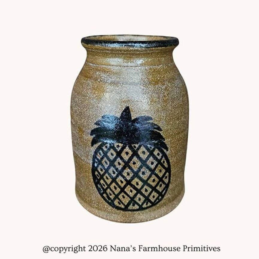 Clay Craftsman Brown Pottery Canning Crock with Pineapple - 3.75" x 5"