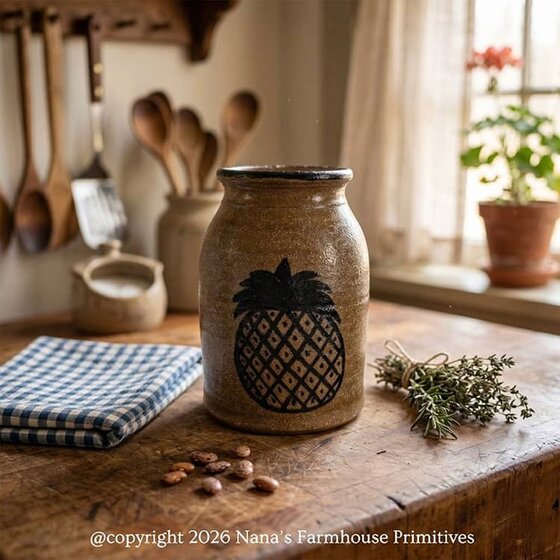 Pineapple Canning Crock Brown Pottery - 5"
