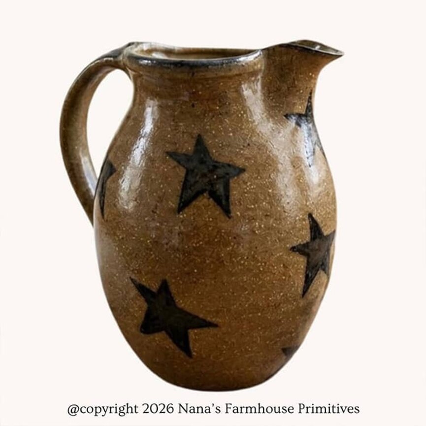 Clay Craftsman Brown Pottery Pitcher with Stars - 8.25"