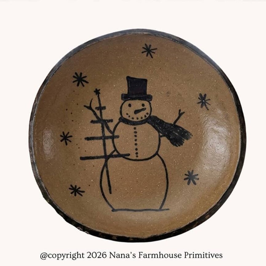 Clay Craftsman Brown Clay Pottery Round Plate Snowman with Feather Tree - 7"