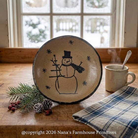 Snowman with Feather Tree Brown Clay Pottery Round Plate - 7"