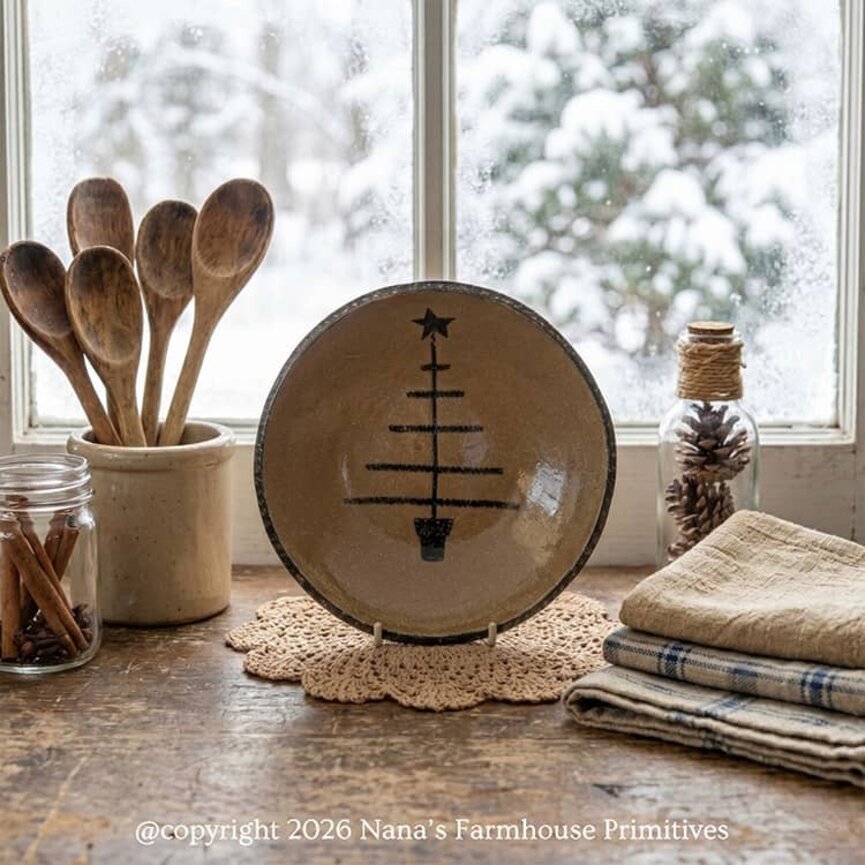 Clay Craftsman Brown Clay Pottery Round Plate Feather Tree - 7"