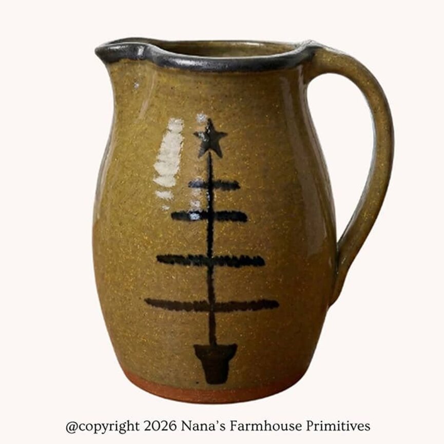Clay Craftsman Brown Pottery Pitcher with Feather Tree - 7.5"