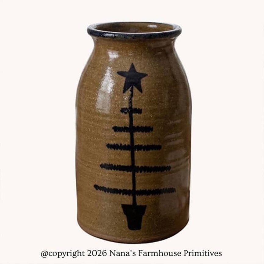 Clay Craftsman Brown Clay Pottery Canning Crock Large Feather Tree - 8"