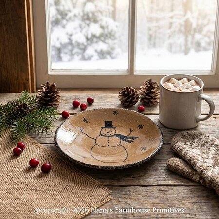 Snowman Round Brown Pottery Plate - 8"