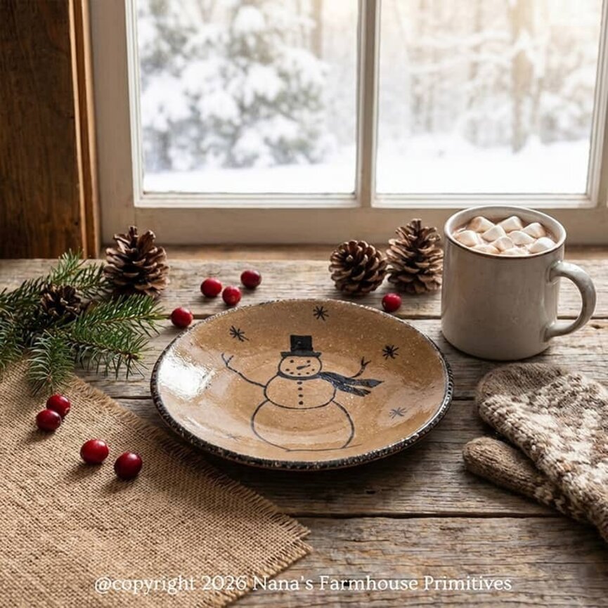 Clay Pottery Medium Round Plate with Snowman - 8"