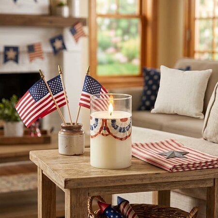 Patriotic Bunting Glass 3D Flame Candle - 5"