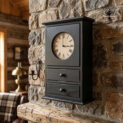 Black Homestead Wall Clock with Two Drawers - 22.5" x 14" x 6"