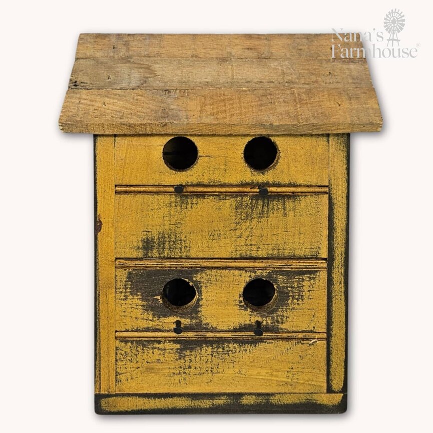 Mustard Beadboard Birdhouse 4 Hole W/Pegs -11" x 5.5" x 13"